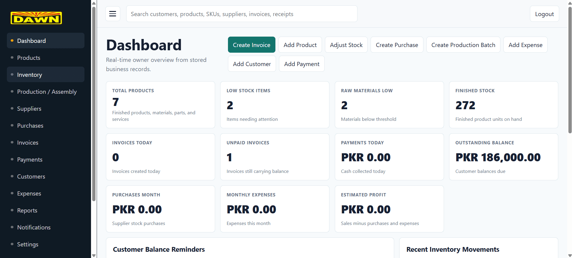 DawnGas inventory and business management dashboard screenshot
